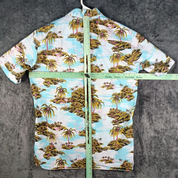 Hurley Hawaiian Shirt Men Medium Blue Scenic Palm Tree Flamingo Tailored Fit - Picture 4 of 9